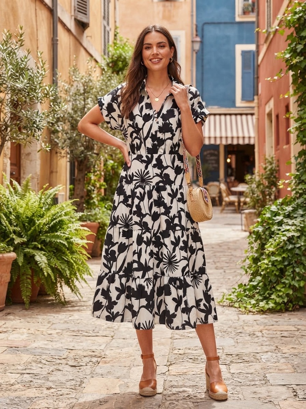 WD.NY Black & Cream Floral Tiered V‑Neck Midi Dress